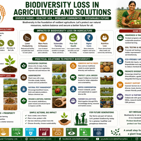 Biodiversity Loss in Agriculture and Solutions through diversified farming, agroforestry, natural farming, native seeds, pollinator protection, and FPO-led sustainable agriculture