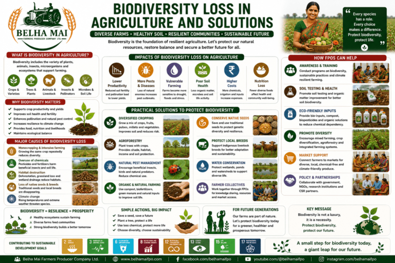 Biodiversity Loss in Agriculture and Solutions through diversified farming, agroforestry, natural farming, native seeds, pollinator protection, and FPO-led sustainable agriculture