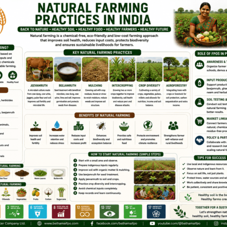 Natural Farming Practices in India through jeevamrut, beejamrut, mulching, intercropping, crop diversity, agroforestry, soil health, and FPO-led sustainable agriculture