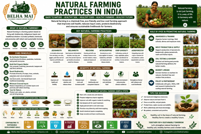 Natural Farming Practices in India through jeevamrut, beejamrut, mulching, intercropping, crop diversity, agroforestry, soil health, and FPO-led sustainable agriculture