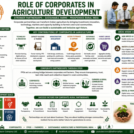 Role of Corporates in Agriculture Development through CSR, FPO partnerships, technology, finance, market linkage, value addition, and sustainable rural development