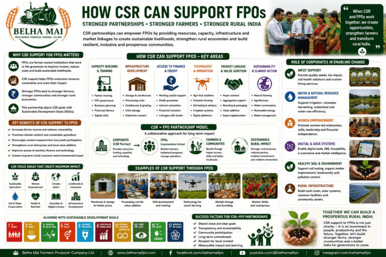 How CSR Can Support FPOs through capacity building, infrastructure, finance, technology, market linkage, women empowerment, and sustainable agriculture