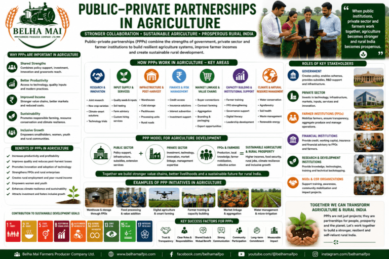 Public-Private Partnerships in Agriculture through government, private sector, FPOs, farmers, finance, technology, market linkage, and sustainable rural development
