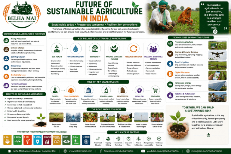 Future of Sustainable Agriculture in India through soil health, water conservation, biodiversity, natural farming, technology, FPOs, and climate resilience