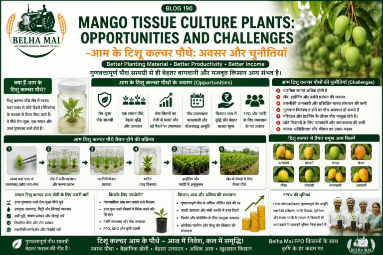 Mango tissue culture plants opportunities and challenges with high-tech nursery, mango orchard and Belha Mai FPO logo