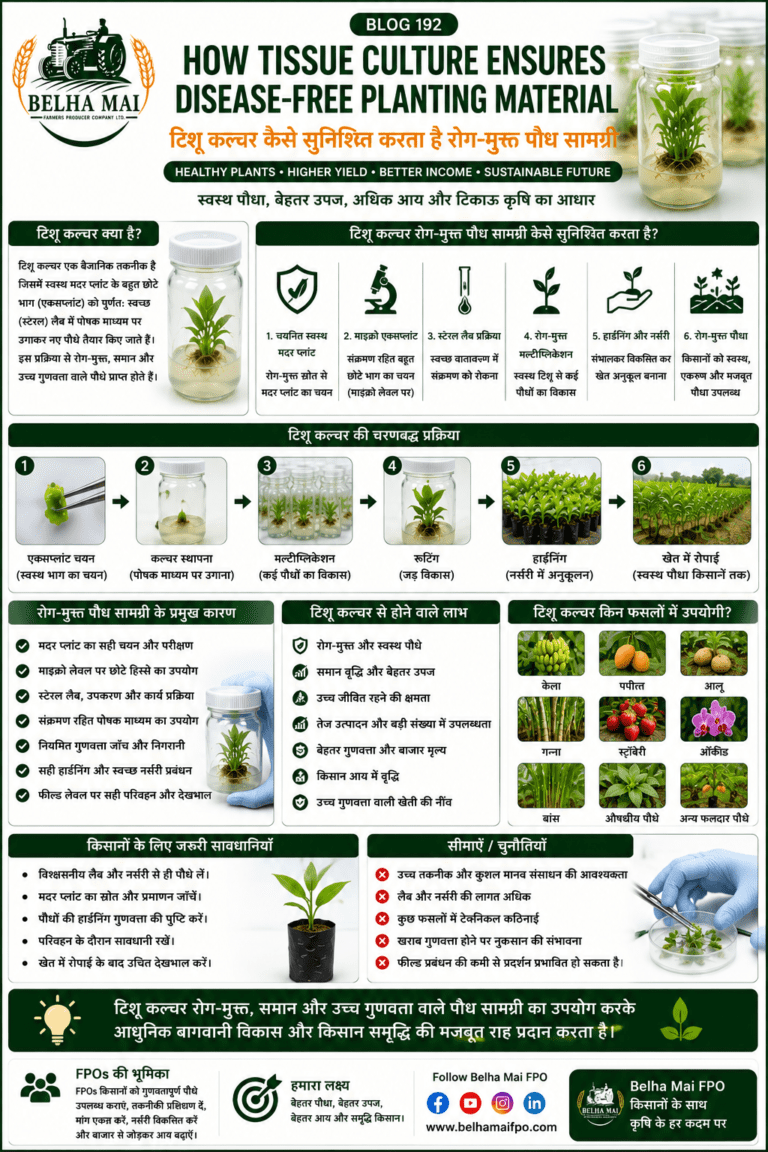 How tissue culture ensures disease-free planting material with laboratory plantlets, healthy plants, high-tech nursery and Belha Mai FPO logo