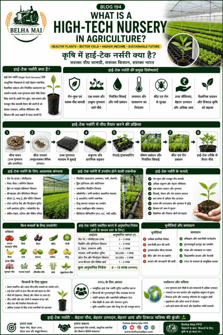 High-tech nursery in agriculture with healthy plants, protected nursery structure, irrigation system and Belha Mai FPO logo