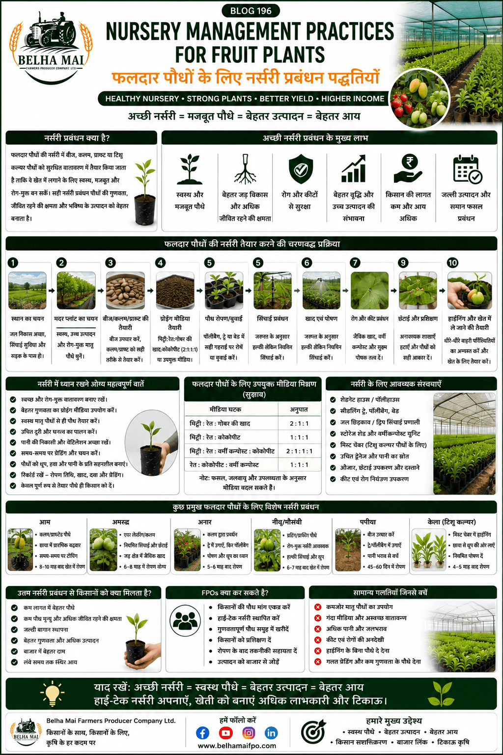 Nursery management practices for fruit plants with healthy seedlings, high-tech nursery and Belha Mai FPO logo