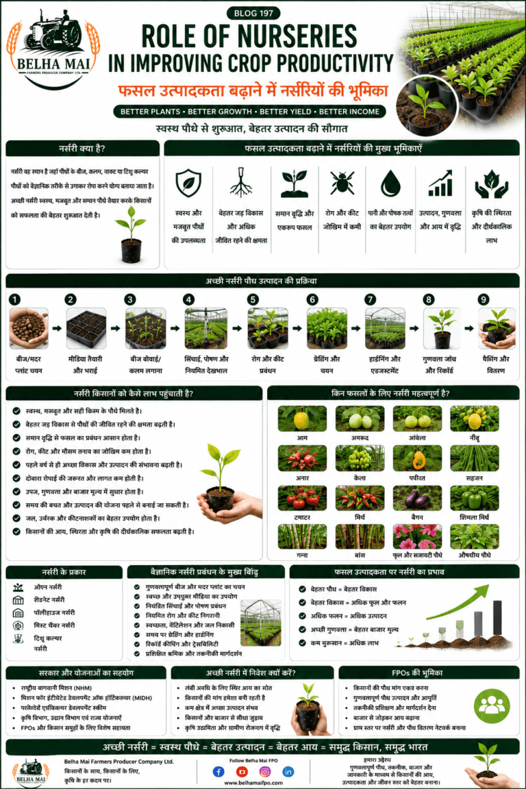 Role of nurseries in improving crop productivity with healthy seedlings, high-tech nursery and Belha Mai FPO logo