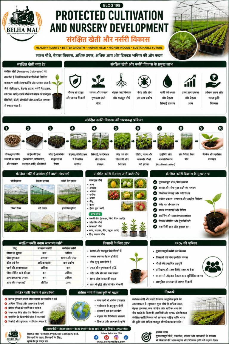 Protected cultivation and nursery development with polyhouse, shade net nursery, healthy seedlings and Belha Mai FPO logo