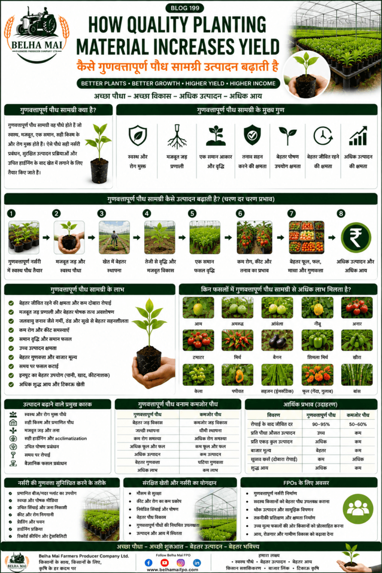 How quality planting material increases yield with healthy plants, strong roots, high-tech nursery and Belha Mai FPO logo