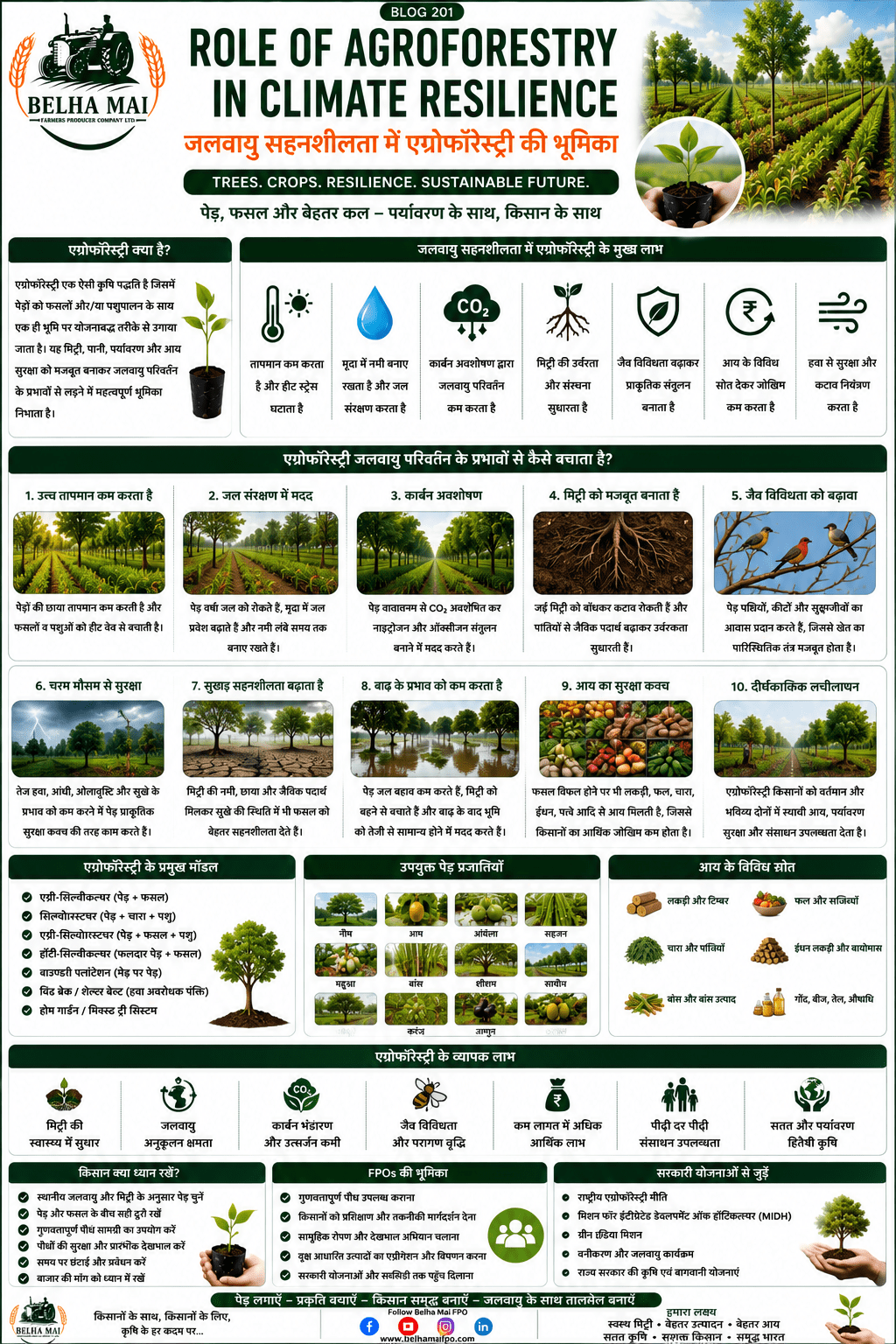 Role of agroforestry in climate resilience with trees, crops, carbon storage, water conservation and Belha Mai FPO logo