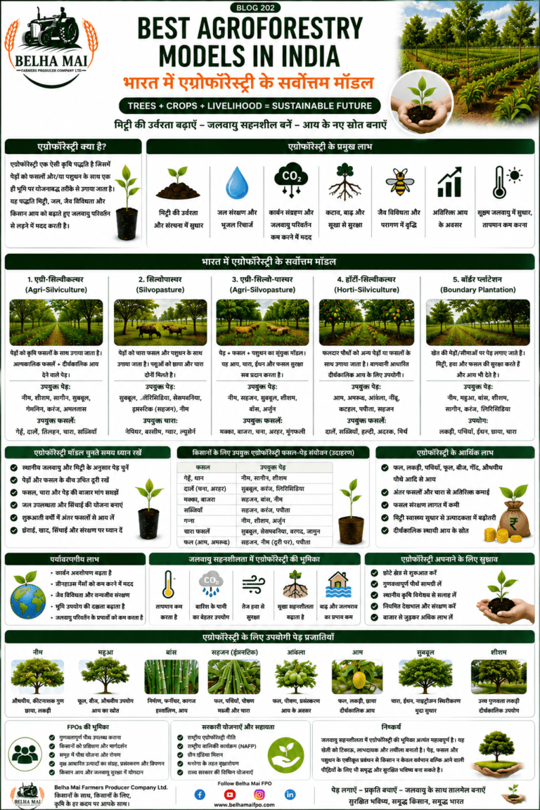 Best agroforestry models in India with trees, crops, livestock, climate resilience and Belha Mai FPO logo