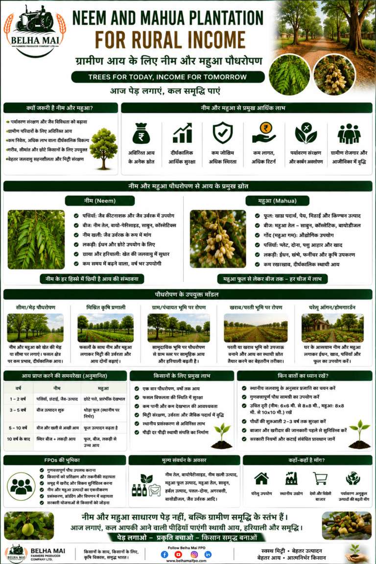 Neem and mahua plantation for rural income with tree-based farming, agroforestry, farmer livelihood and Belha Mai FPO logo