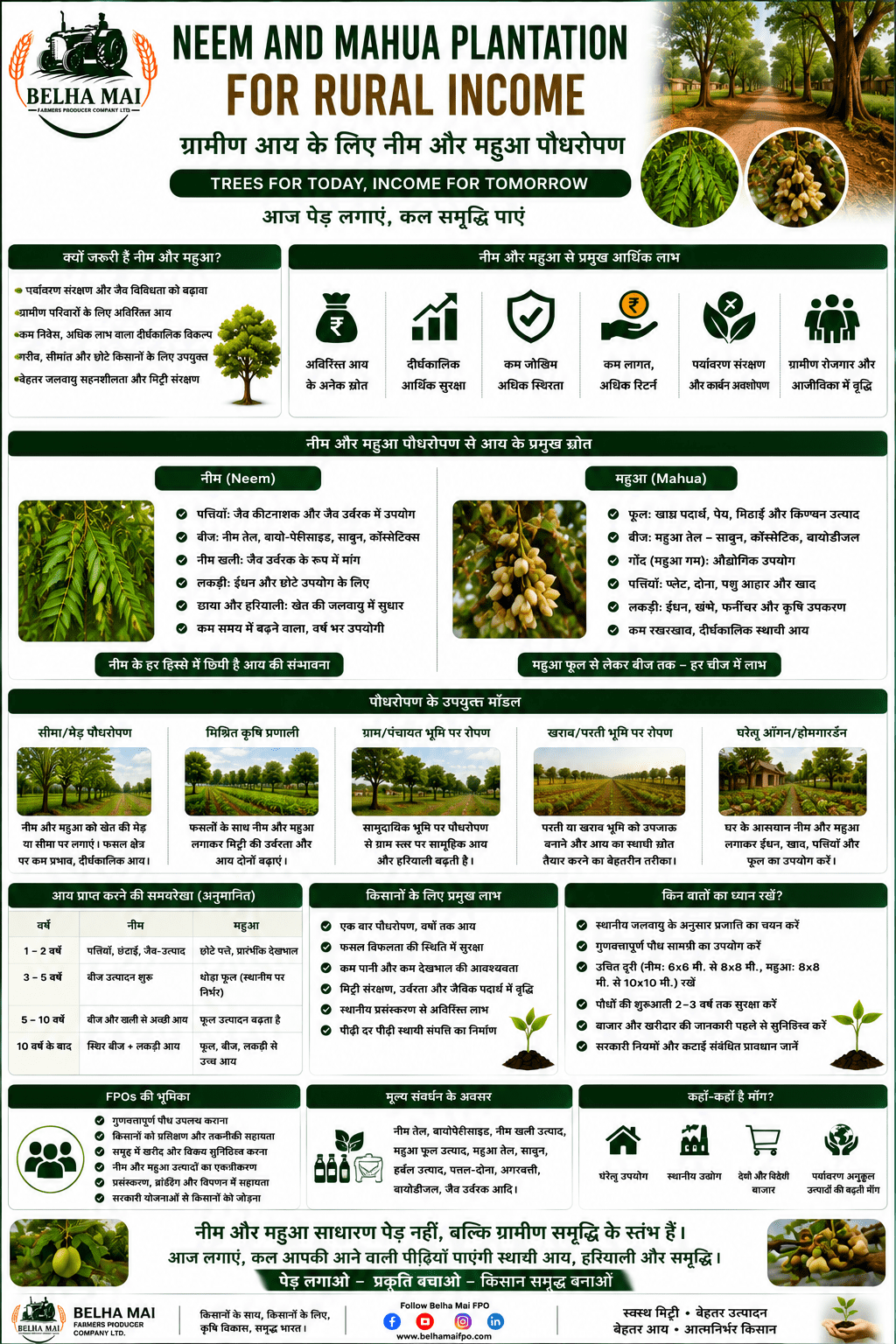 Neem and mahua plantation for rural income with tree-based farming, agroforestry, farmer livelihood and Belha Mai FPO logo