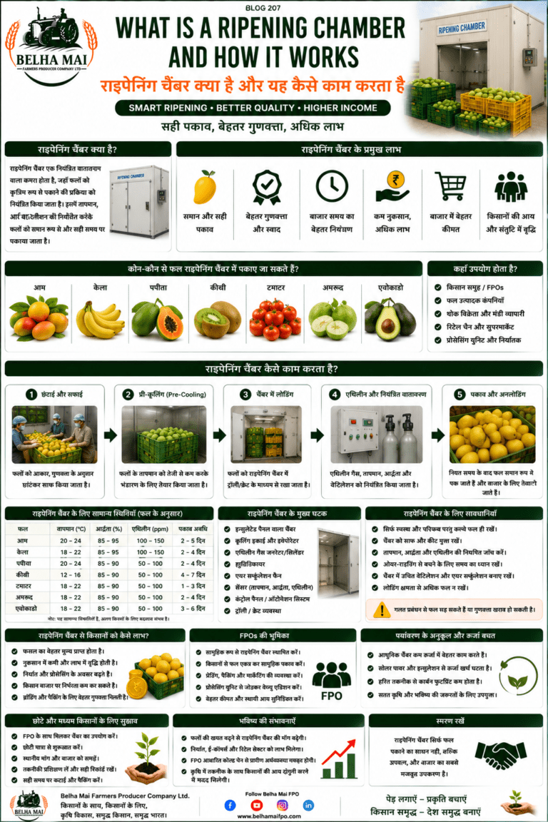 Ripening chamber for fruits with mango, banana, controlled ripening, farmer income and Belha Mai FPO logo