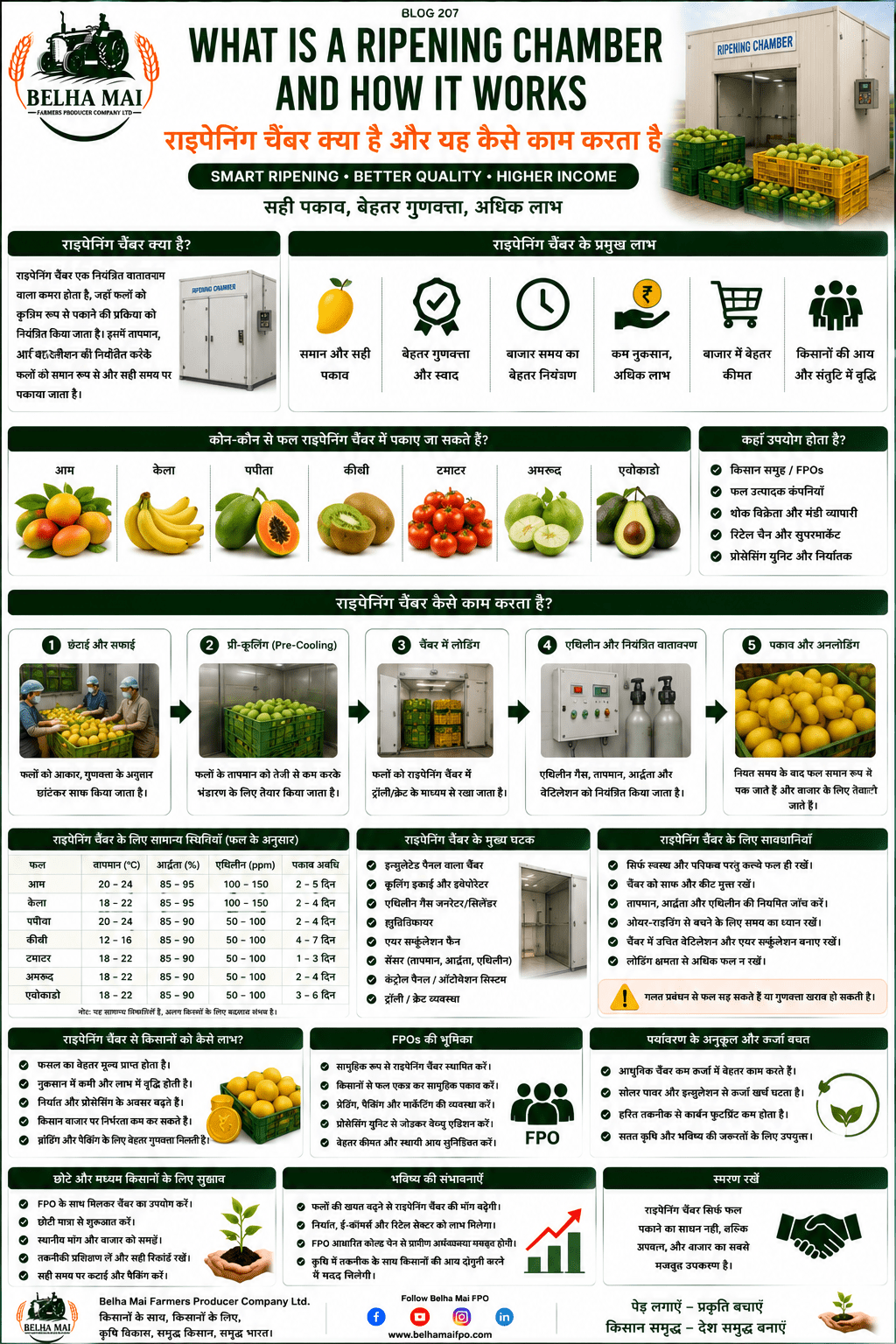 Ripening chamber for fruits with mango, banana, controlled ripening, farmer income and Belha Mai FPO logo