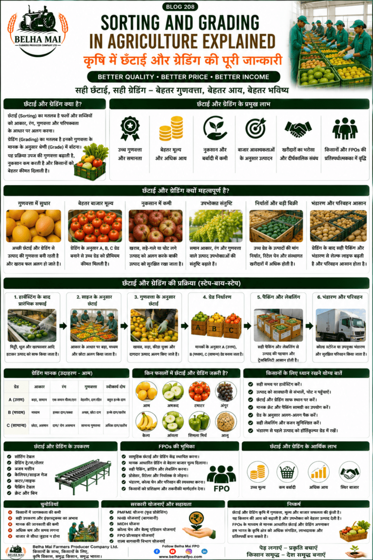 Sorting and grading in agriculture with fruits, vegetables, quality separation, packing and Belha Mai FPO logo
