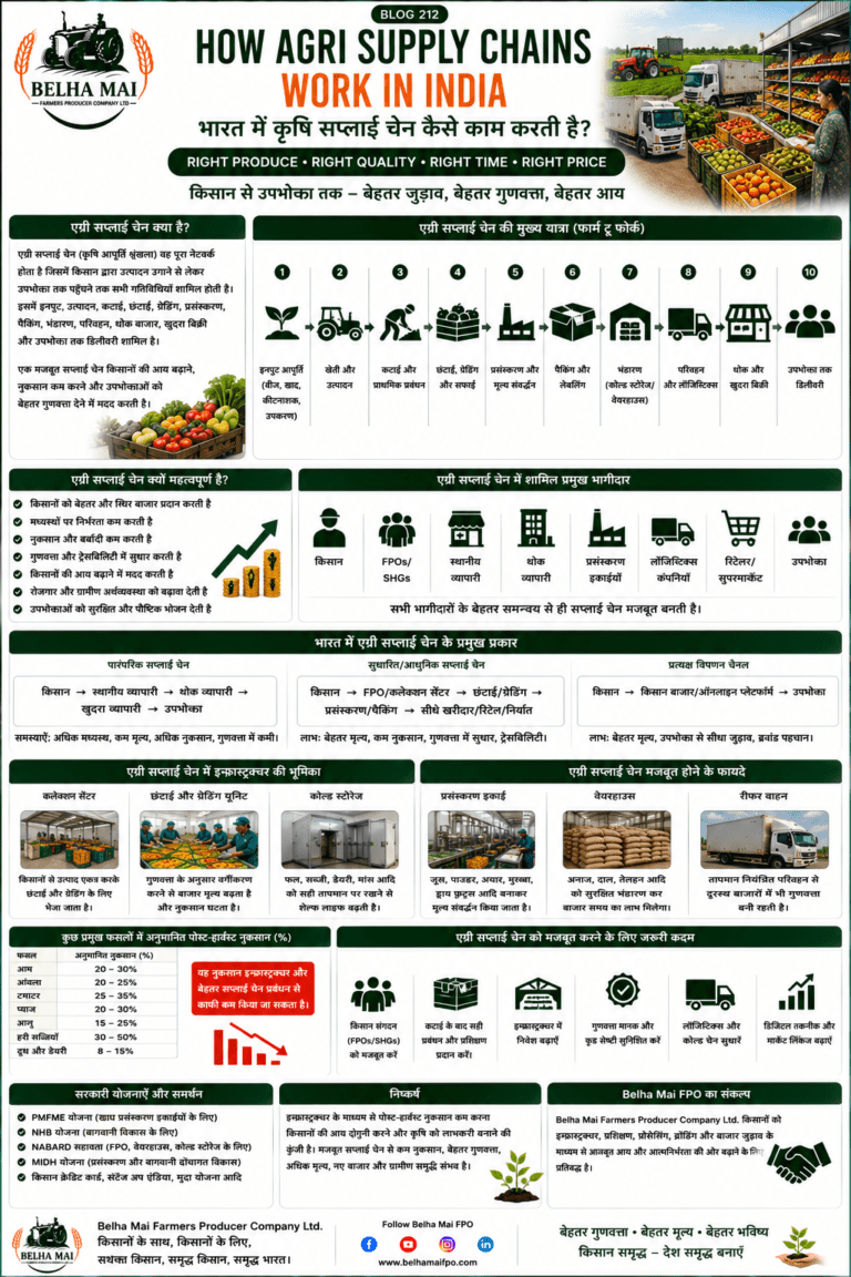 Agri supply chains in India from farmers to consumers with FPO, storage, processing, transport and Belha Mai FPO logo