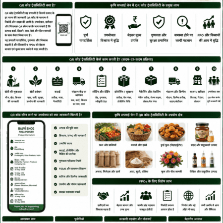 QR code traceability in agriculture supply chain with farm products, packaged food, consumer scanning QR code and Belha Mai FPO logo