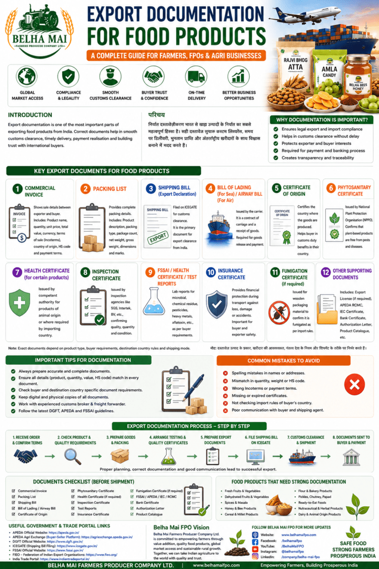 Export Documentation for Food Products for farmers FPOs and agri businesses by Belha Mai FPO