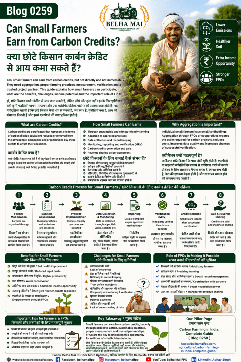 Can small farmers earn from carbon credits explained with FPO aggregation, sustainable farming, verification, revenue sharing and farmer income opportunity