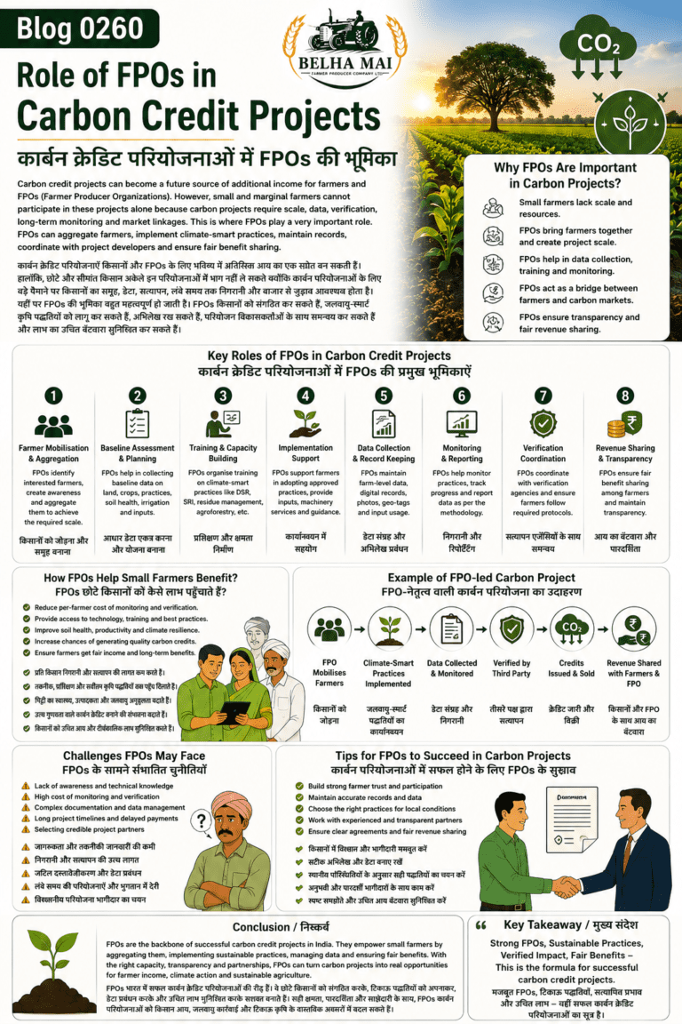 Role of FPOs in carbon credit projects explaining farmer aggregation, data collection, sustainable farming, verification, revenue sharing and climate finance