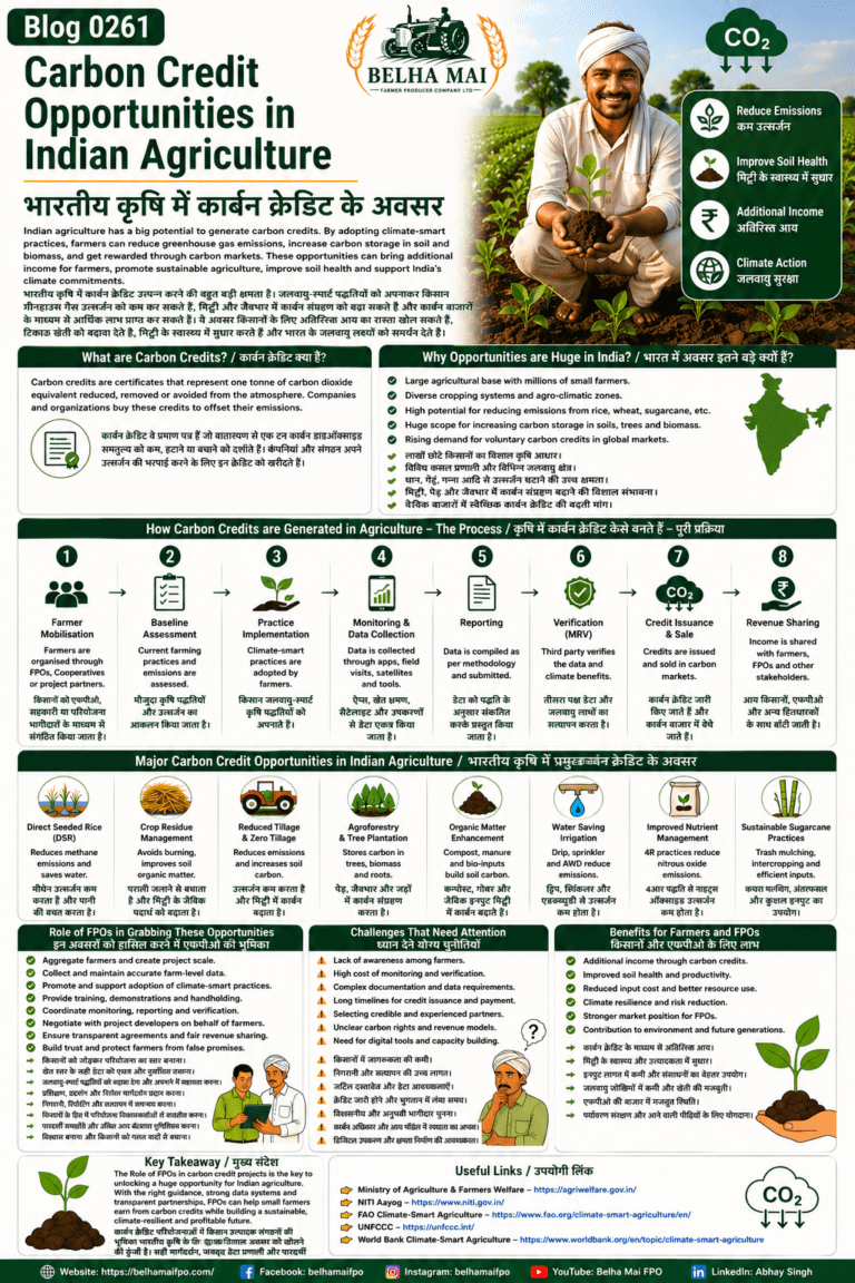 Carbon credit opportunities in Indian agriculture explained for farmers and FPOs with soil carbon, DSR, crop residue management, agroforestry and climate finance
