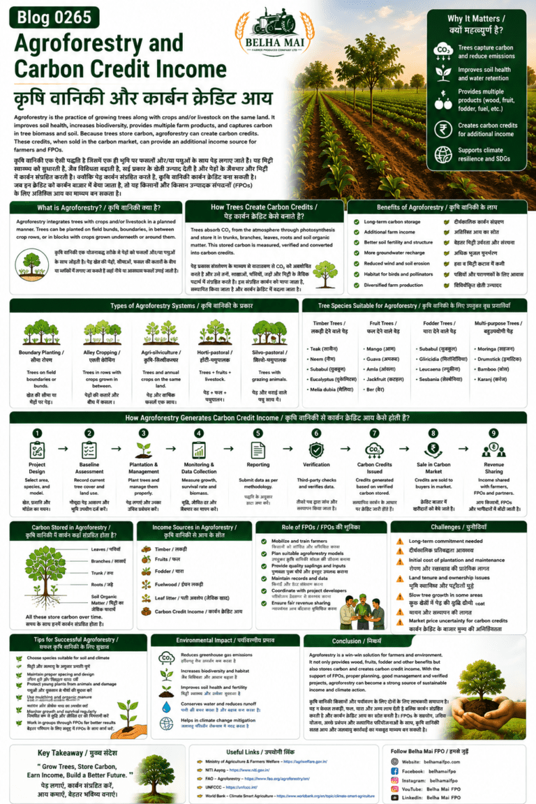 Agroforestry and carbon credit income explained for farmers and FPOs with tree plantation, biomass carbon, soil health, verification and climate finance