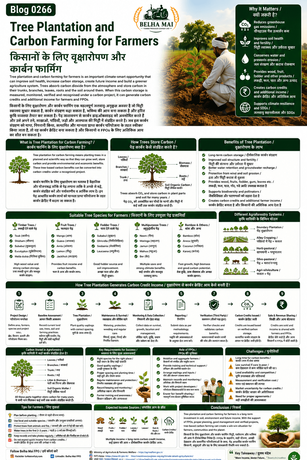 Tree plantation and carbon farming for farmers explained with tree carbon storage, soil health, agroforestry, FPO role, verification and carbon credit income