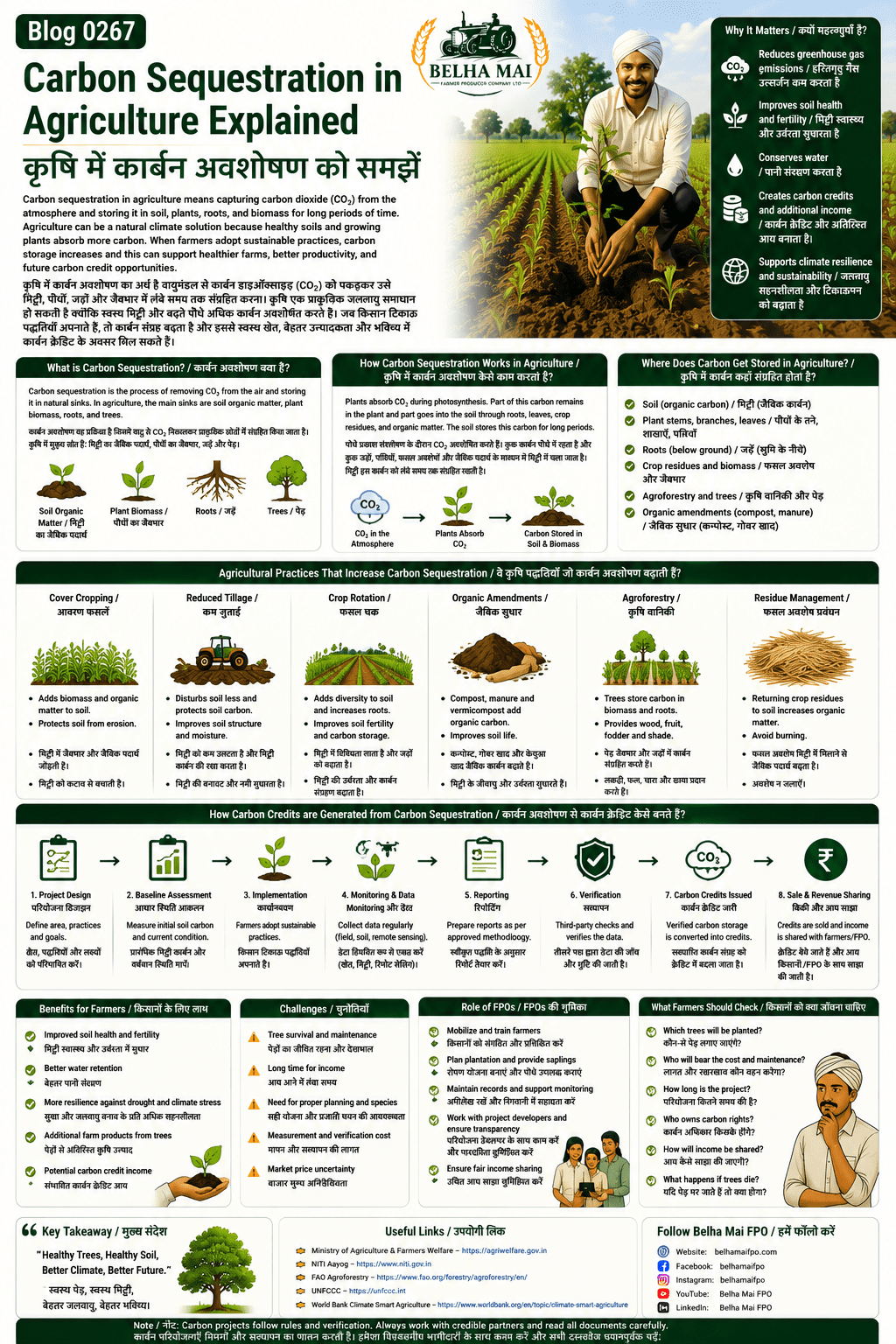 Carbon sequestration in agriculture explained for farmers and FPOs with soil carbon, tree plantation, crop residues, agroforestry, verification and carbon credits