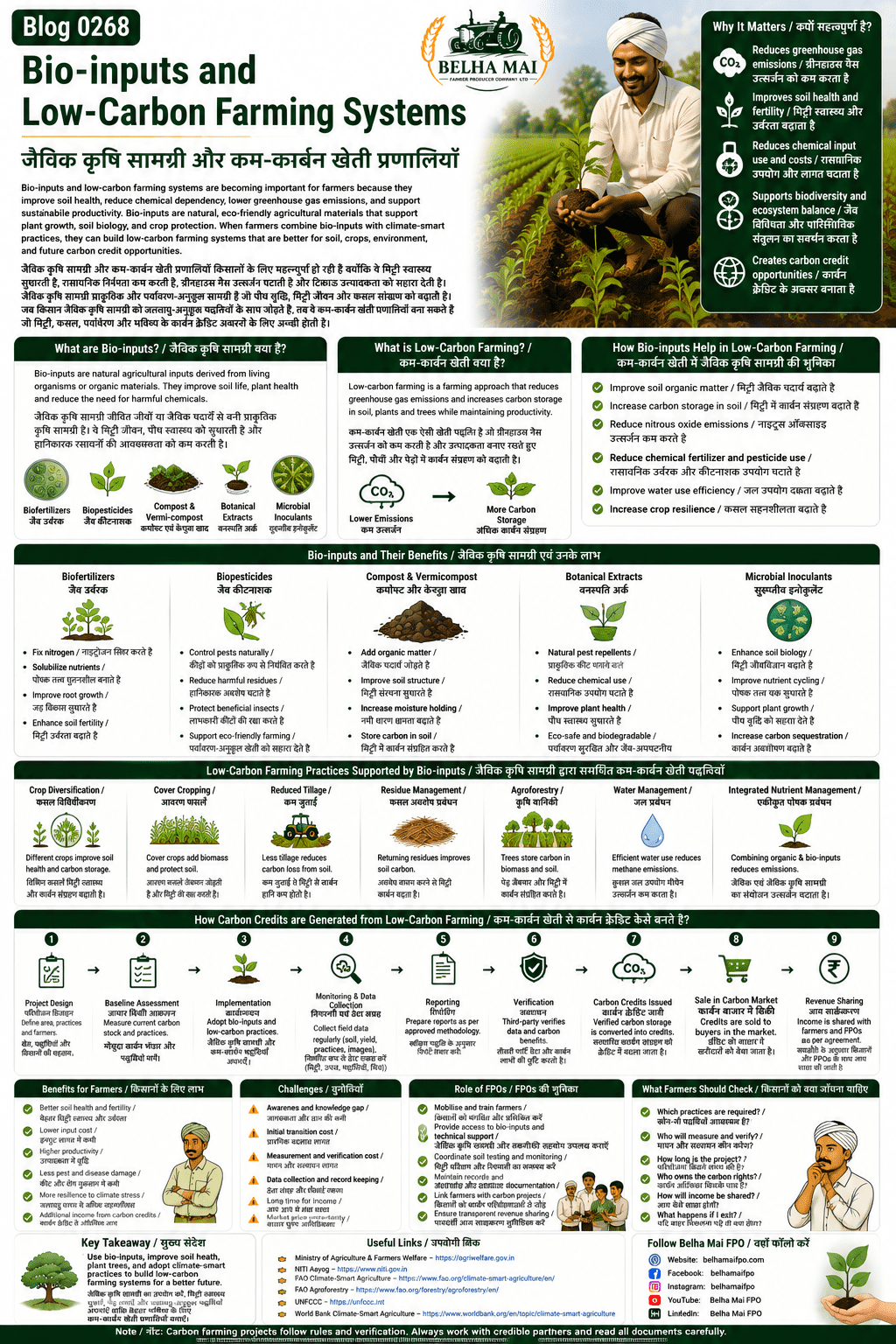 Bio-inputs and low-carbon farming systems explained for farmers and FPOs with biofertilizers, biopesticides, compost, soil carbon, reduced emissions and carbon credit opportunities