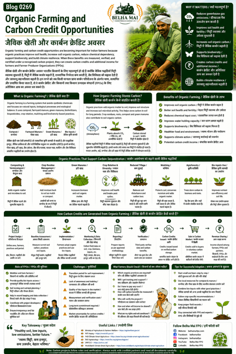 Organic farming and carbon credit opportunities explained for farmers and FPOs with composting, soil carbon, bio-inputs, verification and climate finance