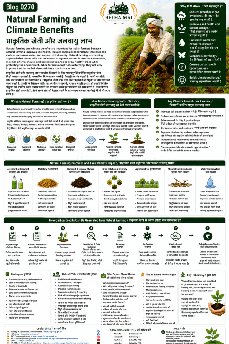 Natural farming and climate benefits explained for farmers and FPOs with soil carbon, water conservation, biodiversity, reduced emissions and carbon credit opportunities