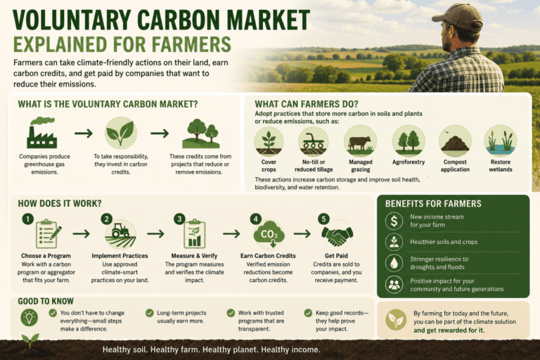 Voluntary carbon market explained for farmers with carbon credits, soil carbon, agroforestry, MRV and climate-smart agriculture practices