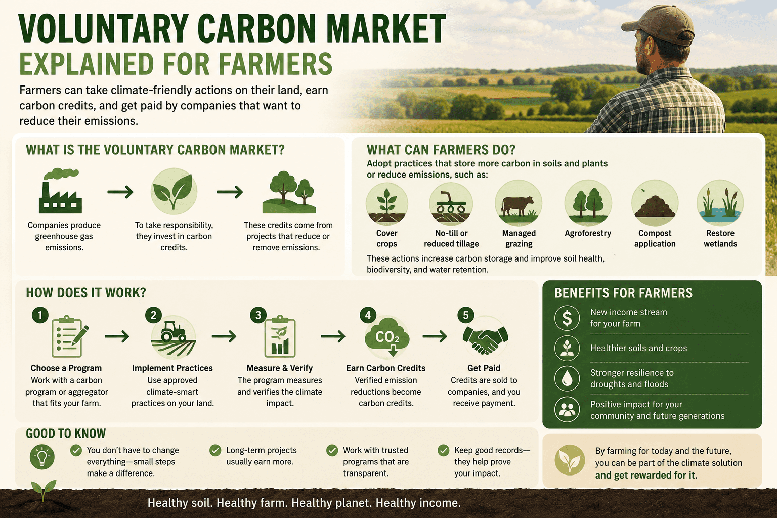 Voluntary carbon market explained for farmers with carbon credits, soil carbon, agroforestry, MRV and climate-smart agriculture practices