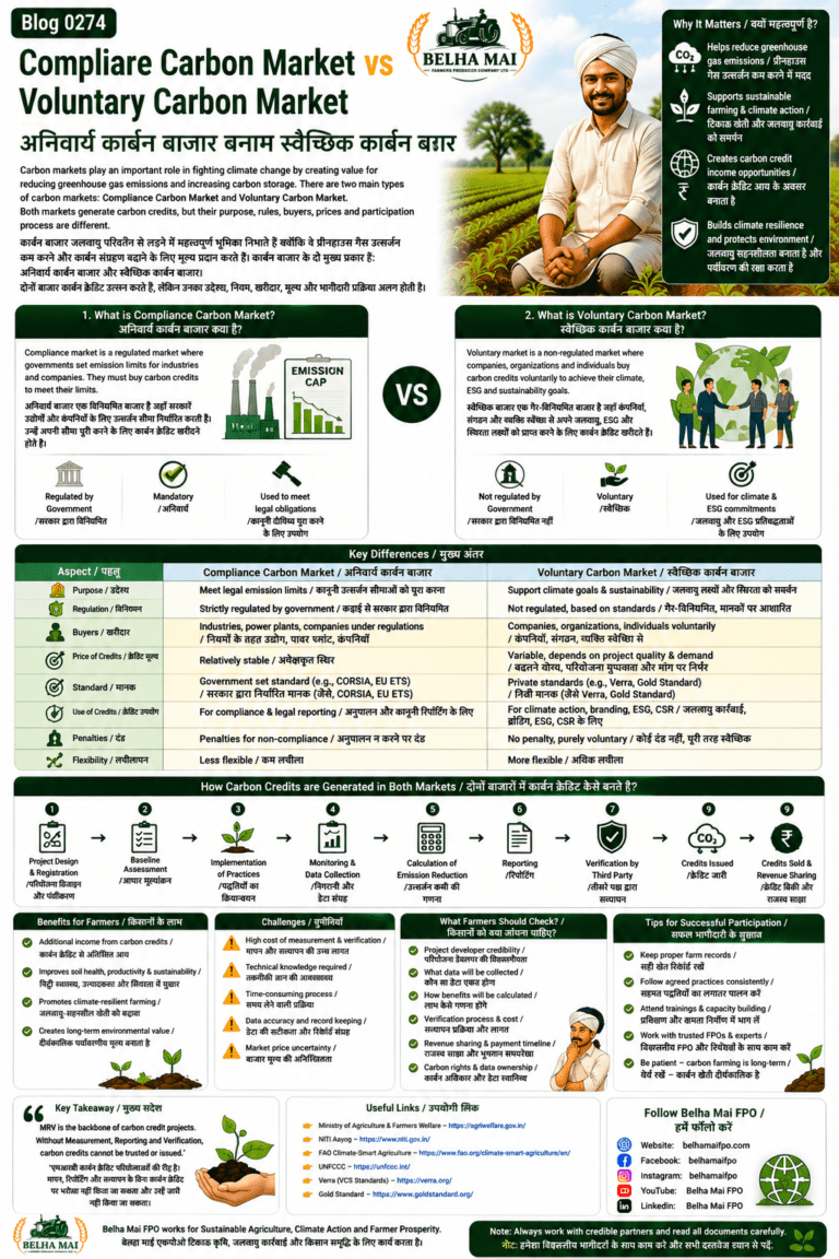 Compliance carbon market vs voluntary carbon market explained for farmers and FPOs with rules, buyers, prices, MRV, verification and carbon credit opportunities
