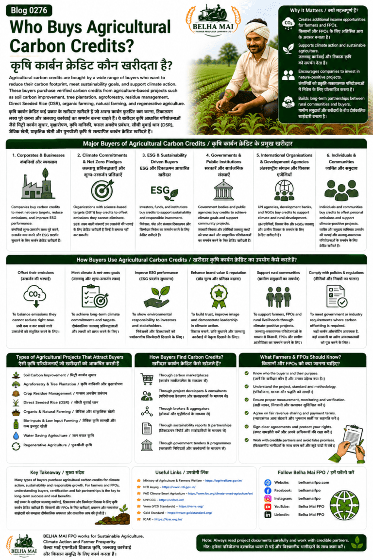 Who buys agricultural carbon credits explained for farmers and FPOs with companies, ESG investors, brands, development agencies, carbon buyers, certification and revenue sharing