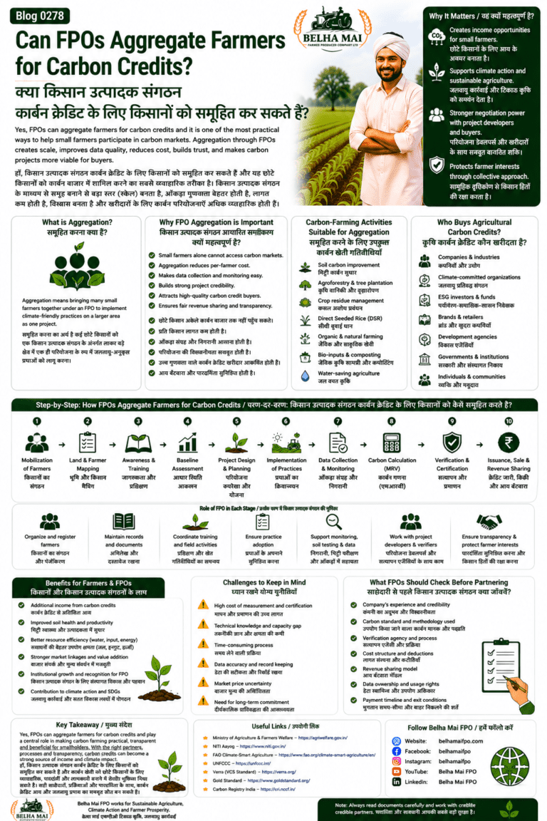 Can FPOs aggregate farmers for carbon credits explained with farmer aggregation, MRV, data collection, carbon project developers, certification, buyer linkage and revenue sharing