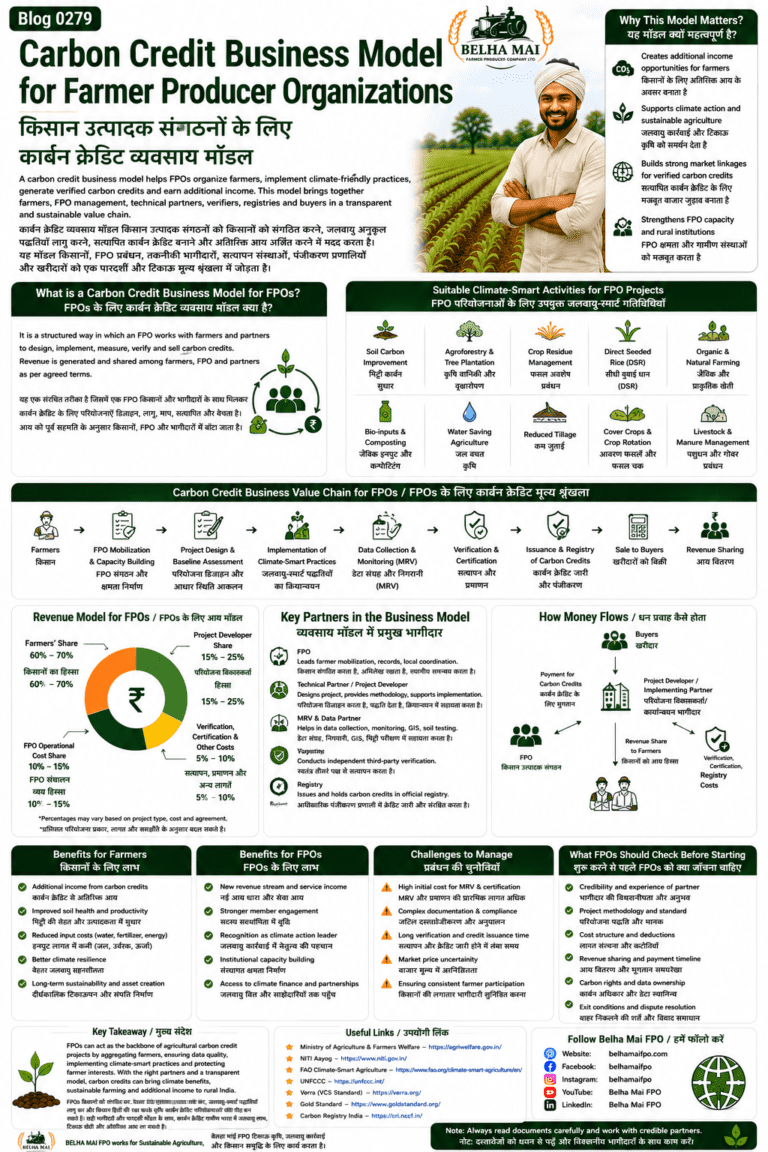 Carbon credit business model for Farmer Producer Organizations explained with farmer aggregation, climate-smart farming, MRV, verification, buyer linkage, revenue sharing and FPO income model