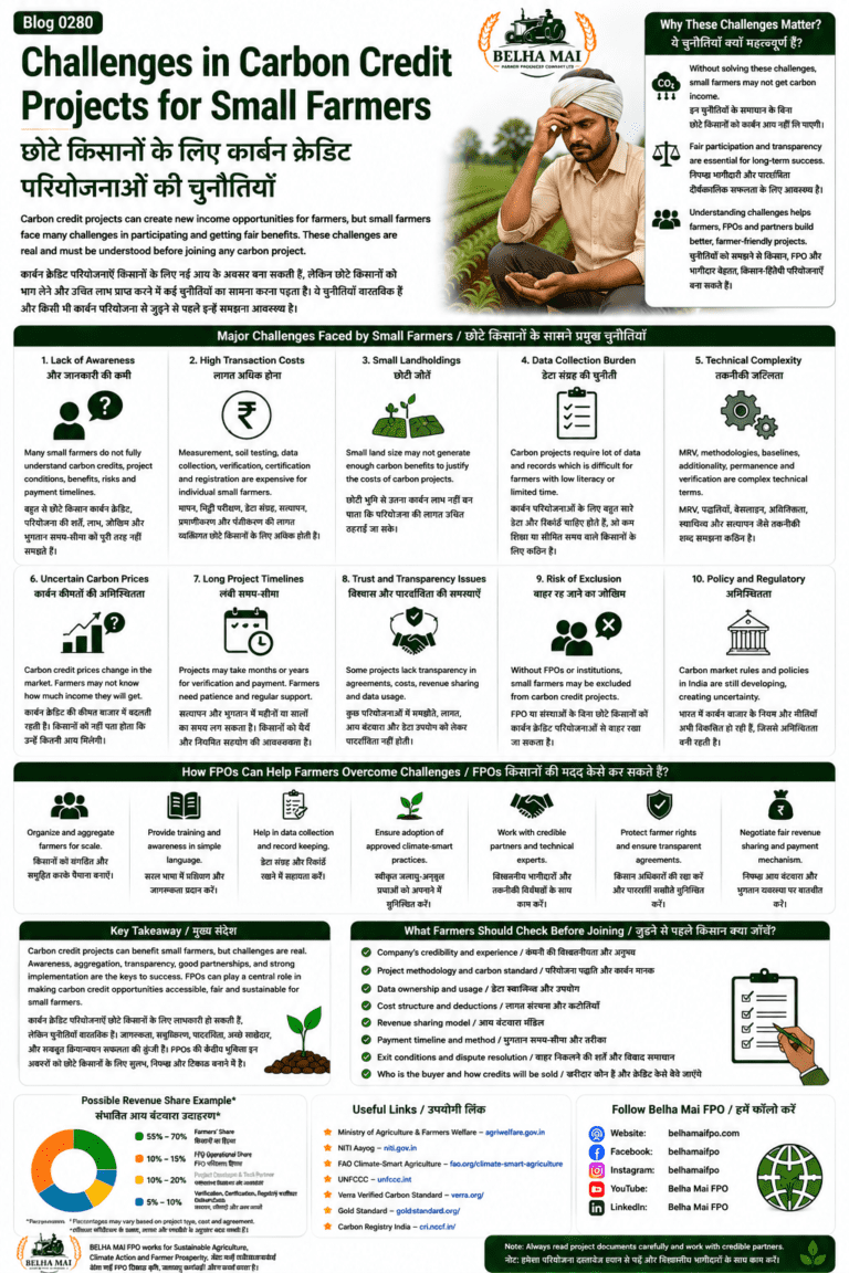 Challenges in carbon credit projects for small farmers explained with awareness gaps, high MRV cost, documentation, verification, revenue sharing, data ownership and FPO role