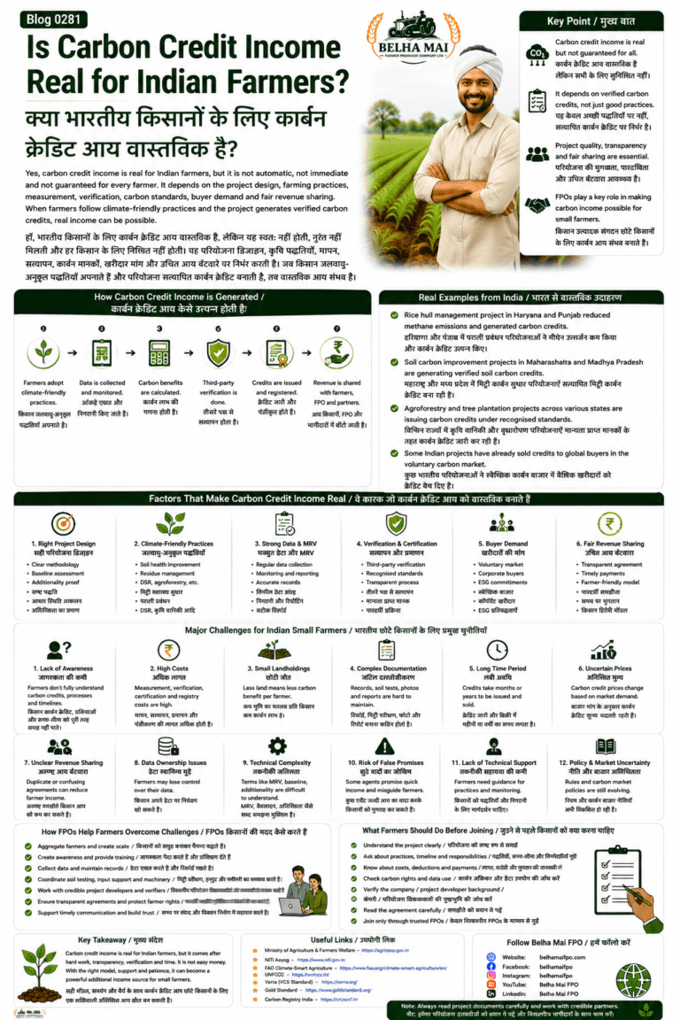 Is carbon credit income real for Indian farmers explained with carbon farming, MRV, verification, certification, buyer demand, revenue sharing, risks and FPO role