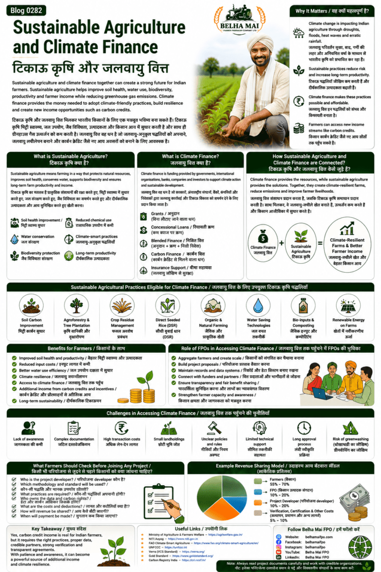 Sustainable agriculture and climate finance explained for farmers and FPOs with climate-smart farming, carbon credits, grants, loans, soil health, water conservation and FPO role