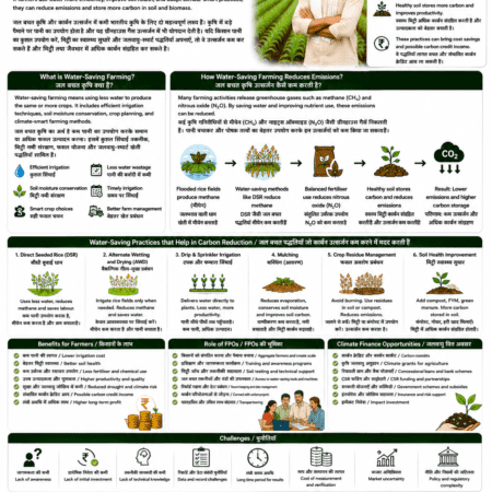 Water-saving farming and carbon reduction explained for farmers and FPOs with DSR, drip irrigation, paddy water management, soil moisture, methane reduction and climate finance