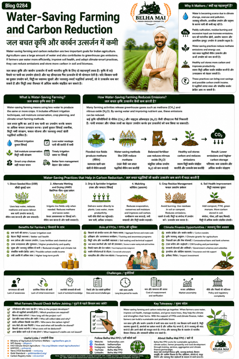 Water-saving farming and carbon reduction explained for farmers and FPOs with DSR, drip irrigation, paddy water management, soil moisture, methane reduction and climate finance