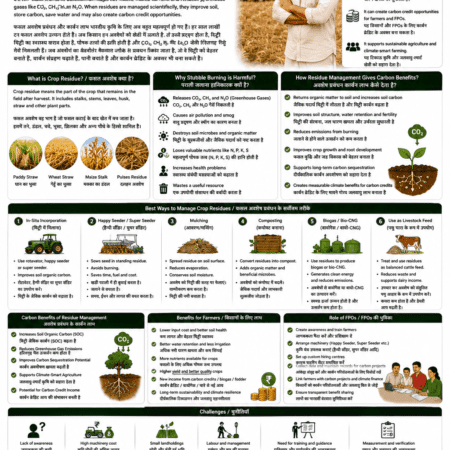 Crop residue management and carbon benefits explained for farmers and FPOs with stubble burning alternatives, Super Seeder, mulching, composting, soil carbon, emission reduction and carbon credit opportunities