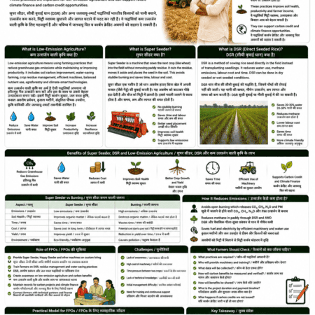 Super Seeder, DSR, and low-emission agriculture explained for farmers and FPOs with crop residue management, Direct Seeded Rice, water saving, methane reduction, carbon credits and climate finance