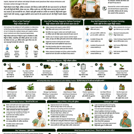 Role of soil testing in carbon farming explained for farmers and FPOs with soil organic carbon, baseline data, soil health, MRV, nutrient management and carbon credit opportunities
