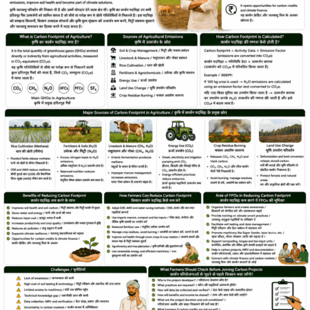 Carbon footprint of agriculture explained for farmers and FPOs with sources of emissions, rice methane, fertilizer use, livestock, residue burning, soil carbon, carbon credits and climate finance