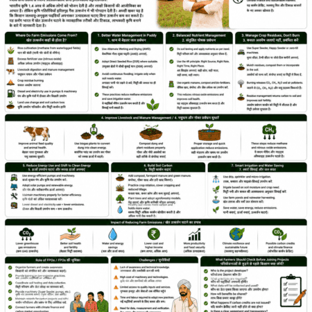 How to reduce farm emissions in India explained for farmers and FPOs with DSR, Super Seeder, soil testing, crop residue management, balanced nutrients, water saving, carbon credits and climate finance